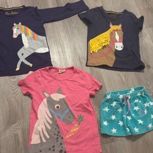 Mini Boden girls 5-7 horse shirts and terry cloth shorts